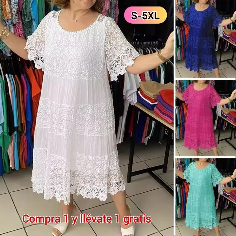 🔥✨【S-8XL】Rochie nouă cu mânecă scurtă, decolteu rotund și dantelă.