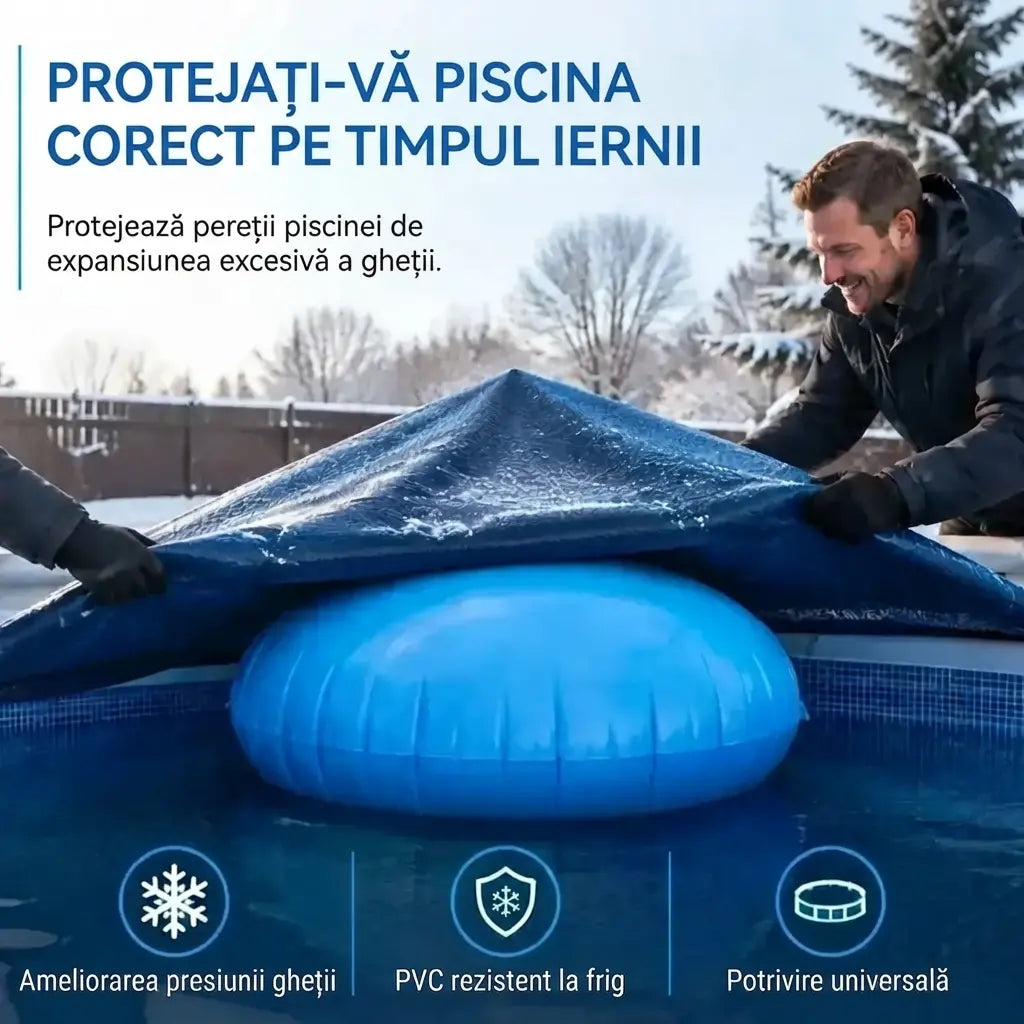 ❄️ Pernă gonflabilă pentru piscină — protejează structura împotriva presiunii gheții și facilitează evacuarea apei și a zăpezii.