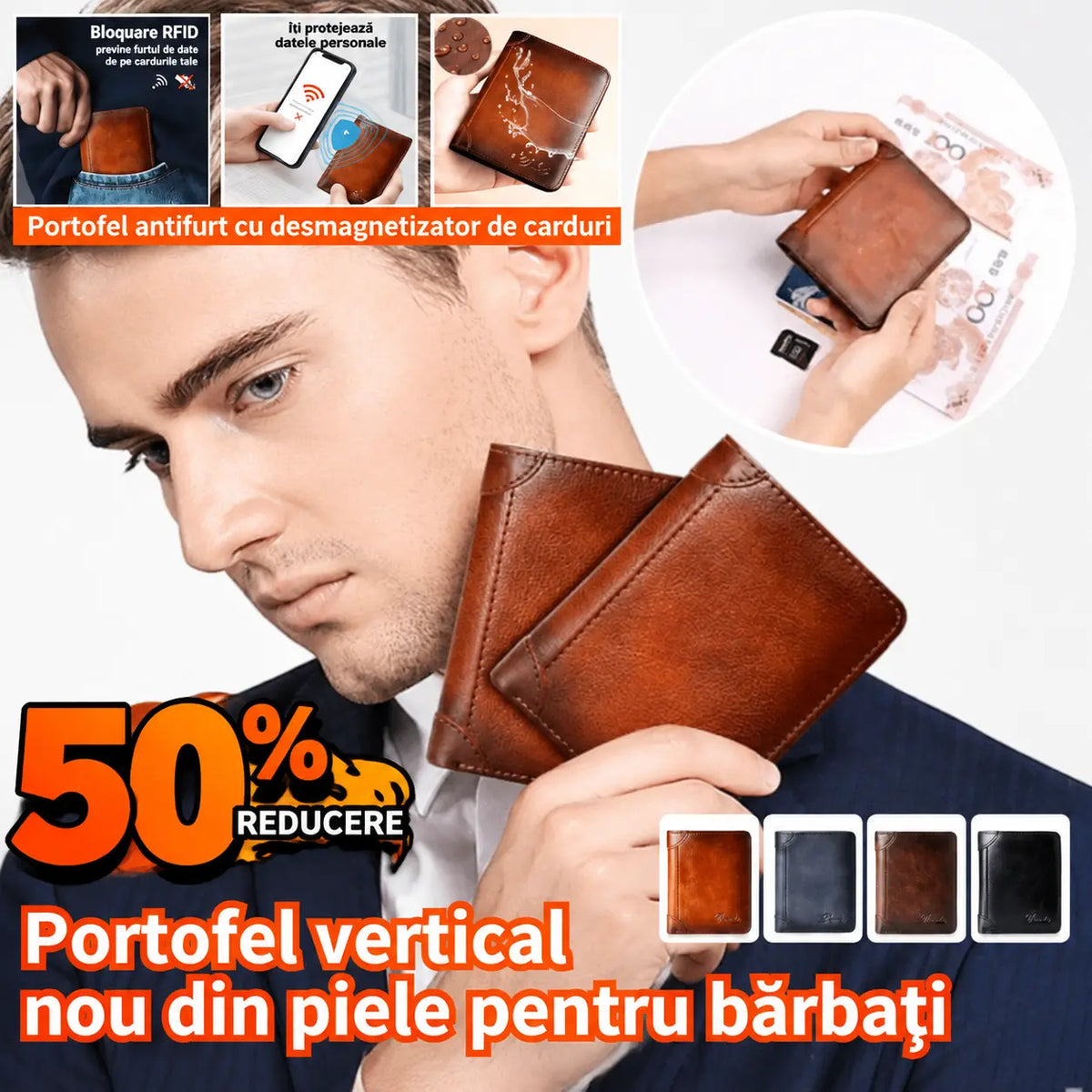 50% REDUCERE 👝✨ Portofel nou pentru bărbați, anti-furt, din piele naturală