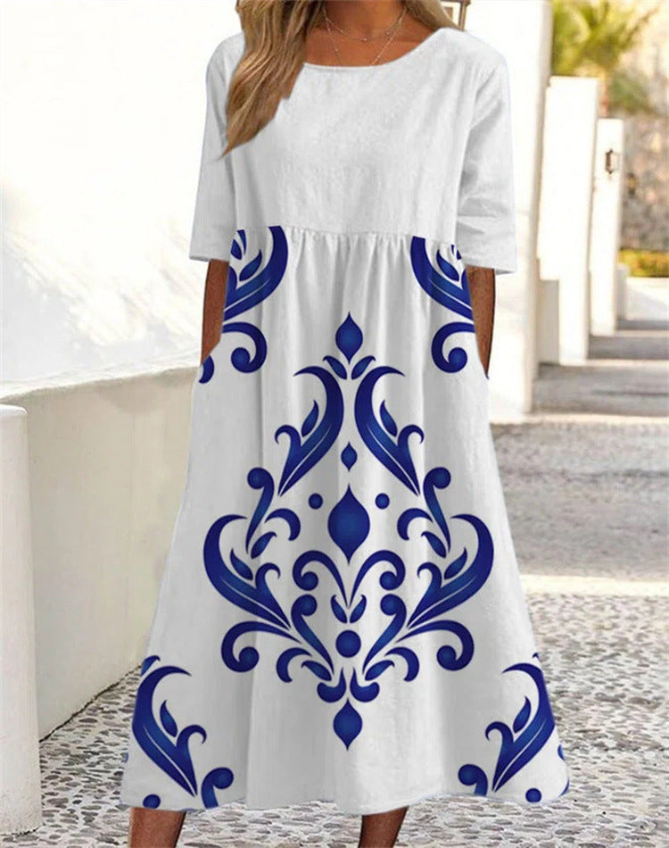 🌸Rochie nouă de vară pentru femei, cu decolteu rotund și model, în mărimi mai mari, vaporoasă și casual