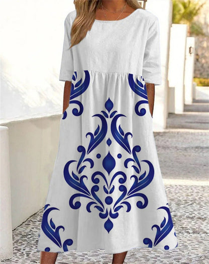 🌸Rochie nouă de vară pentru femei, cu decolteu rotund și model, în mărimi mai mari, vaporoasă și casual