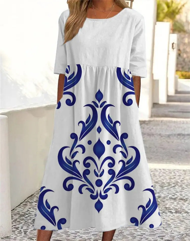 🌸Rochie nouă de vară pentru femei, cu decolteu rotund și model, în mărimi mai mari, vaporoasă și casual