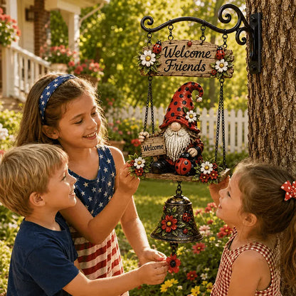 🎅Clopoțel de Bun Venit cu Pitic de Grădină, Plăcuță „Welcome”, Clopoțel Retro din Bronz, Suport de Perete din Fier, Decorațiune Curte și Terasă