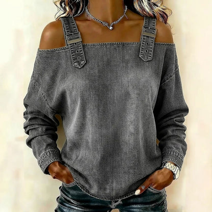 👘🔥Cămașă de damă din denim, cu umerii descheiați și mâneci lungi.