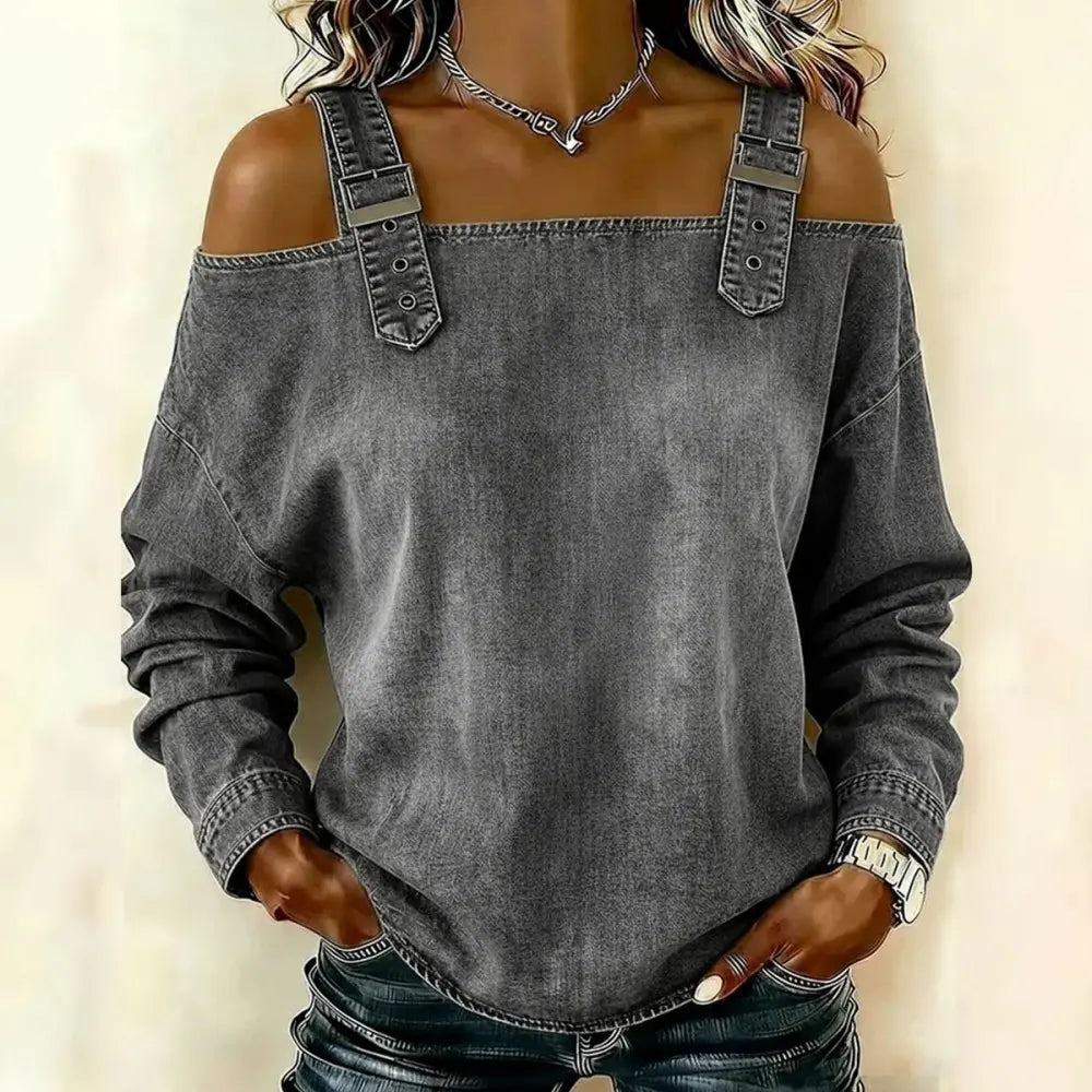 👘🔥Cămașă de damă din denim, cu umerii descheiați și mâneci lungi.