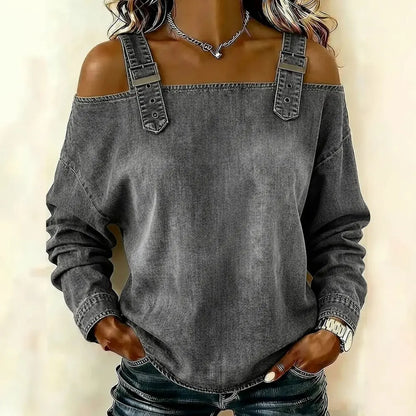 👘🔥Cămașă de damă din denim, cu umerii descheiați și mâneci lungi.