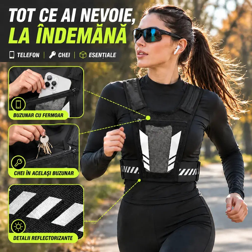 🏃 Vestă de Alergare și Sport cu Geantă pentru Piept · Buzunar cu Fermoar pentru Telefon · Suport Spate pentru Sticlă de Apă · Detalii Reflectorizante pentru Noapte · Plasă Respirabilă și Curele Reglabile!