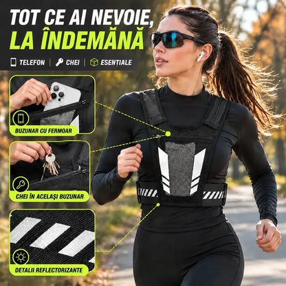 🏃 Vestă de Alergare și Sport cu Geantă pentru Piept · Buzunar cu Fermoar pentru Telefon · Suport Spate pentru Sticlă de Apă · Detalii Reflectorizante pentru Noapte · Plasă Respirabilă și Curele Reglabile!