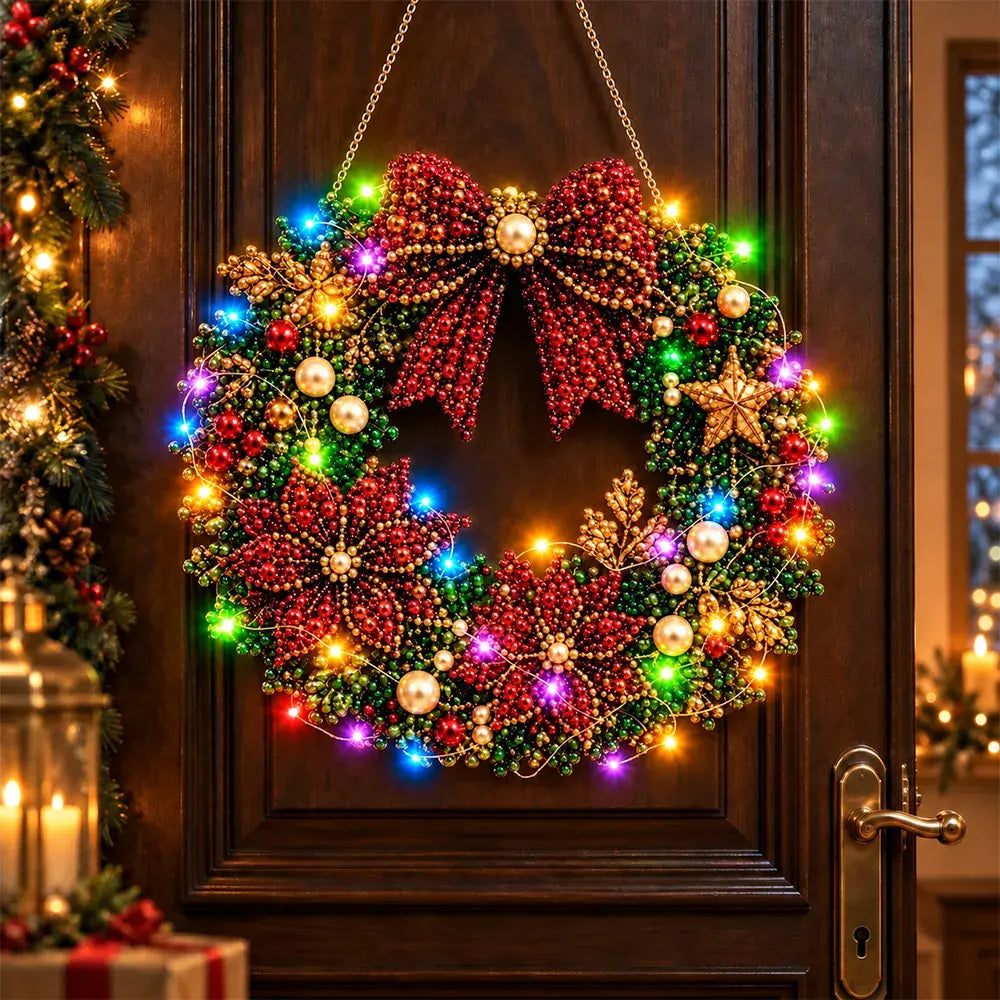 🎄 Coroniță DIY de Crăciun cu Diamante, Perle și Lumini LED! Placă Acrilică Rezistentă · 9 Modele Festive · Decor Perfect pentru Uși, Pereți și Fereastră · Cadou Creat cu Suflet!