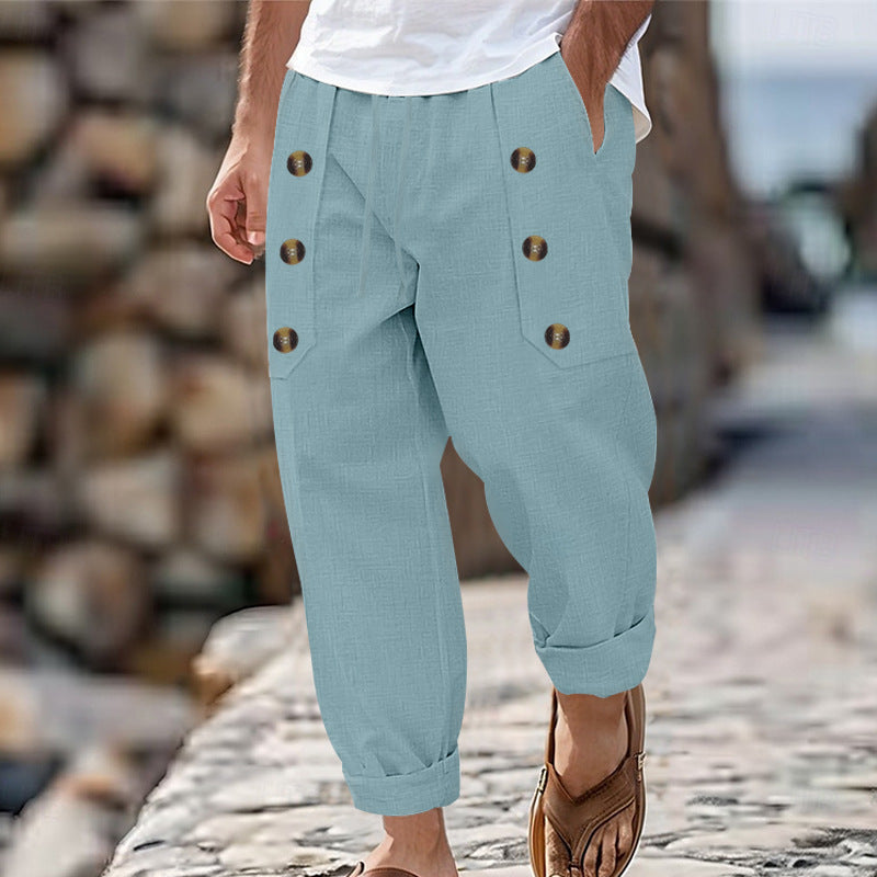 👖【40-100kg】Pantaloni lungi casual hawaieni pentru bărbați, cu mulți nasturi, confecționați din bumbac și in