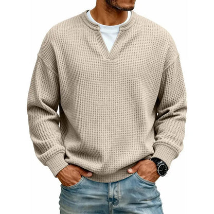 👚✨ Confort atemporal | Tricou bărbătesc cu mânecă lungă, textură tip fagure și efect de suprapunere a straturilor
