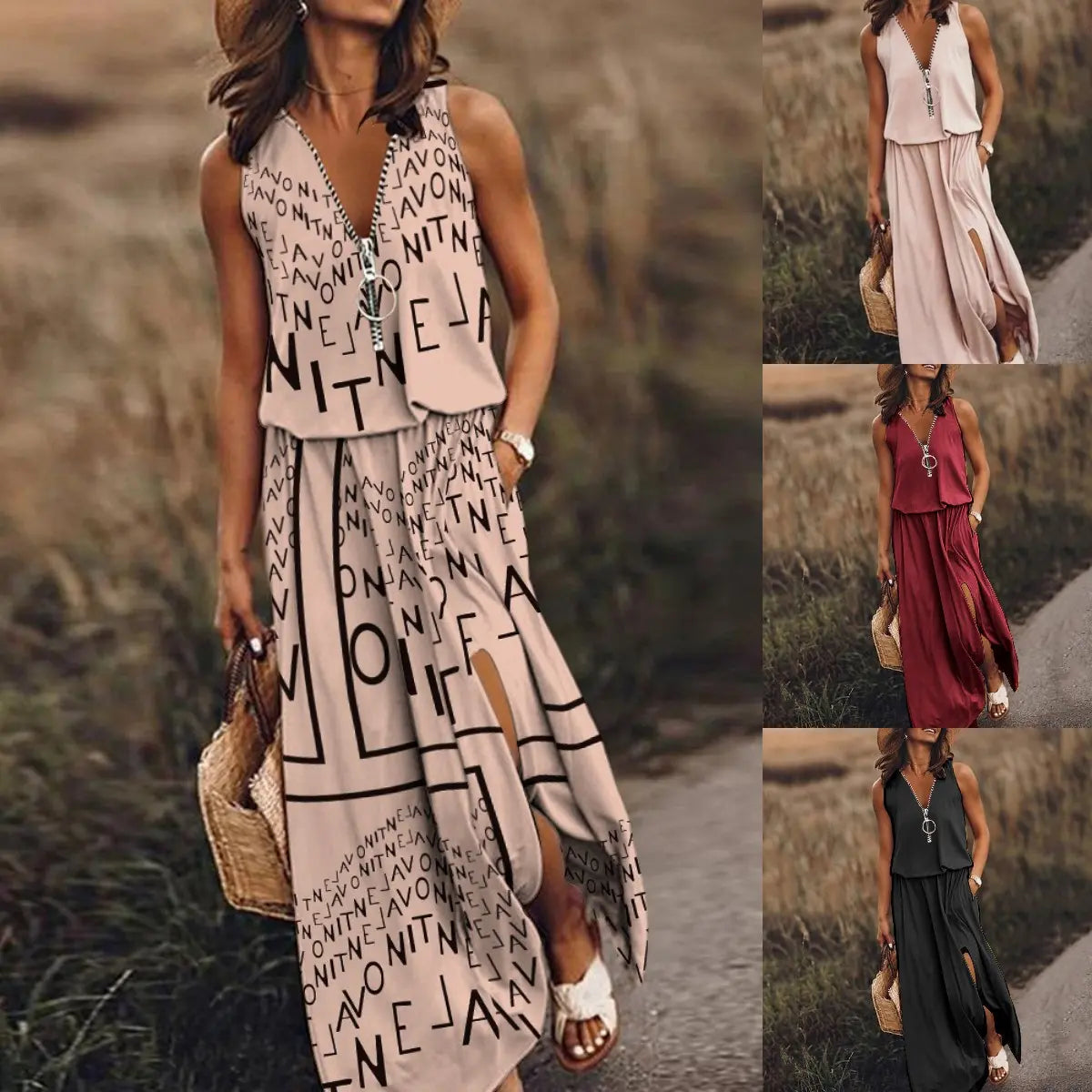 🎁 Reducere 50%💥【40-120kg】Rochie nouă, lungă, casual, fără mâneci, cu imprimeu, croială slim, design cu fermoar ✅️Ramburs la livrare