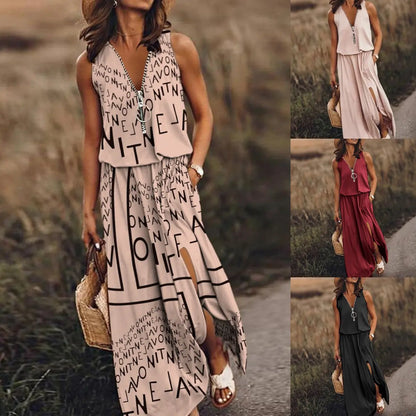 🎁 Reducere 50%💥【40-120kg】Rochie nouă, lungă, casual, fără mâneci, cu imprimeu, croială slim, design cu fermoar ✅️Ramburs la livrare
