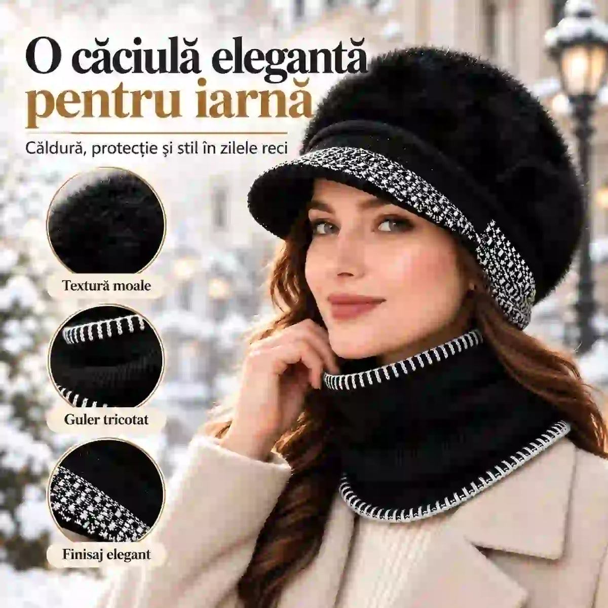❄️Ținută elegantă de iarnă, din două piese: Șapcă de baseball din amestec de blană de iepure cu apărători pentru urechi + eșarfă tricotată!