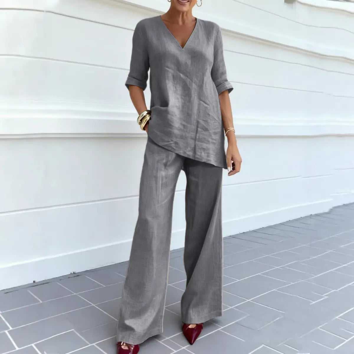 ❤️50% Reducere💥【40-100 kg】Set 2026: Top uni din bumbac și in, mânecă scurtă și decolteu în V + pantaloni casual drepți ✅️Ramburs la livrare