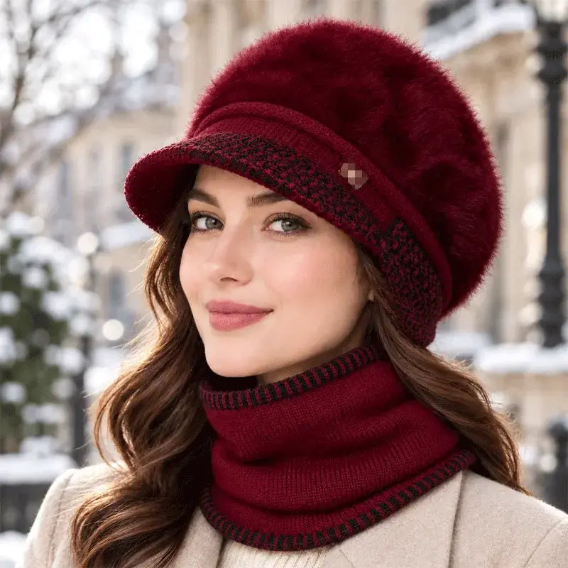 ❄️Ținută elegantă de iarnă, din două piese: Șapcă de baseball din amestec de blană de iepure cu apărători pentru urechi + eșarfă tricotată!