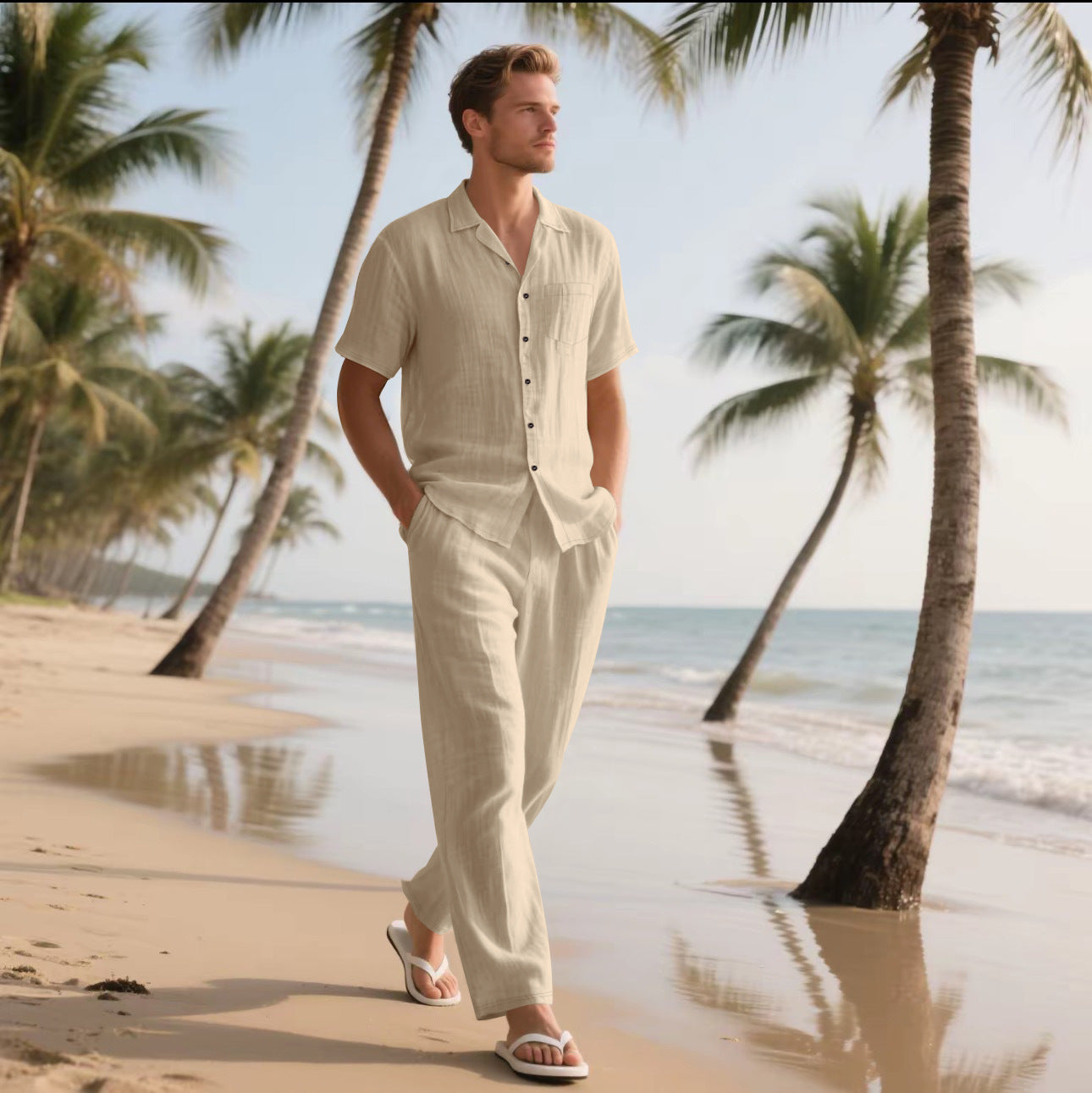 🌴【Bluză + Pantaloni】(40-120 kg) Set bărbătesc din două piese, bumbac și in uni
