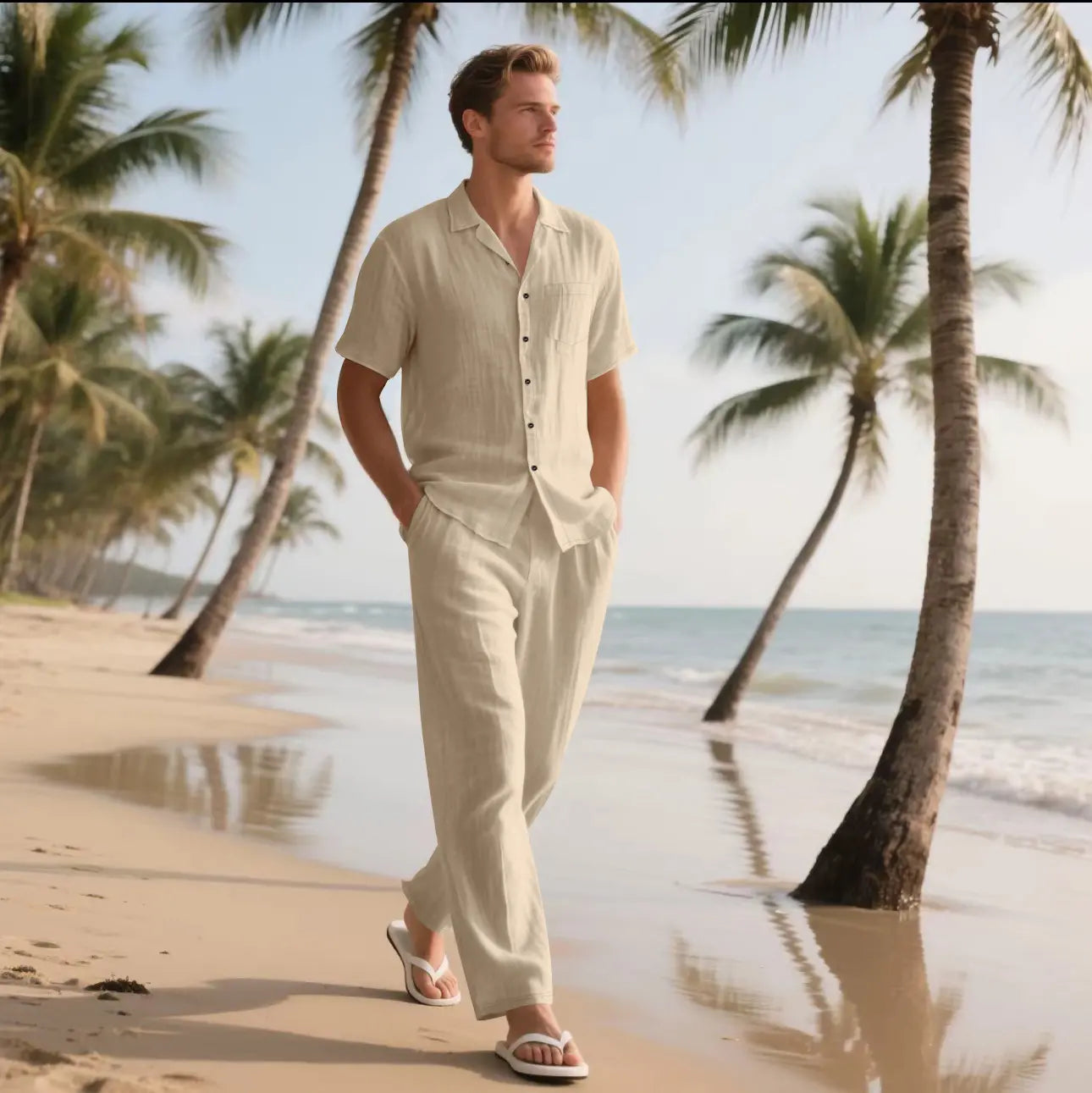 🌴【Bluză + Pantaloni】(40-120 kg) Set bărbătesc din două piese, bumbac și in uni