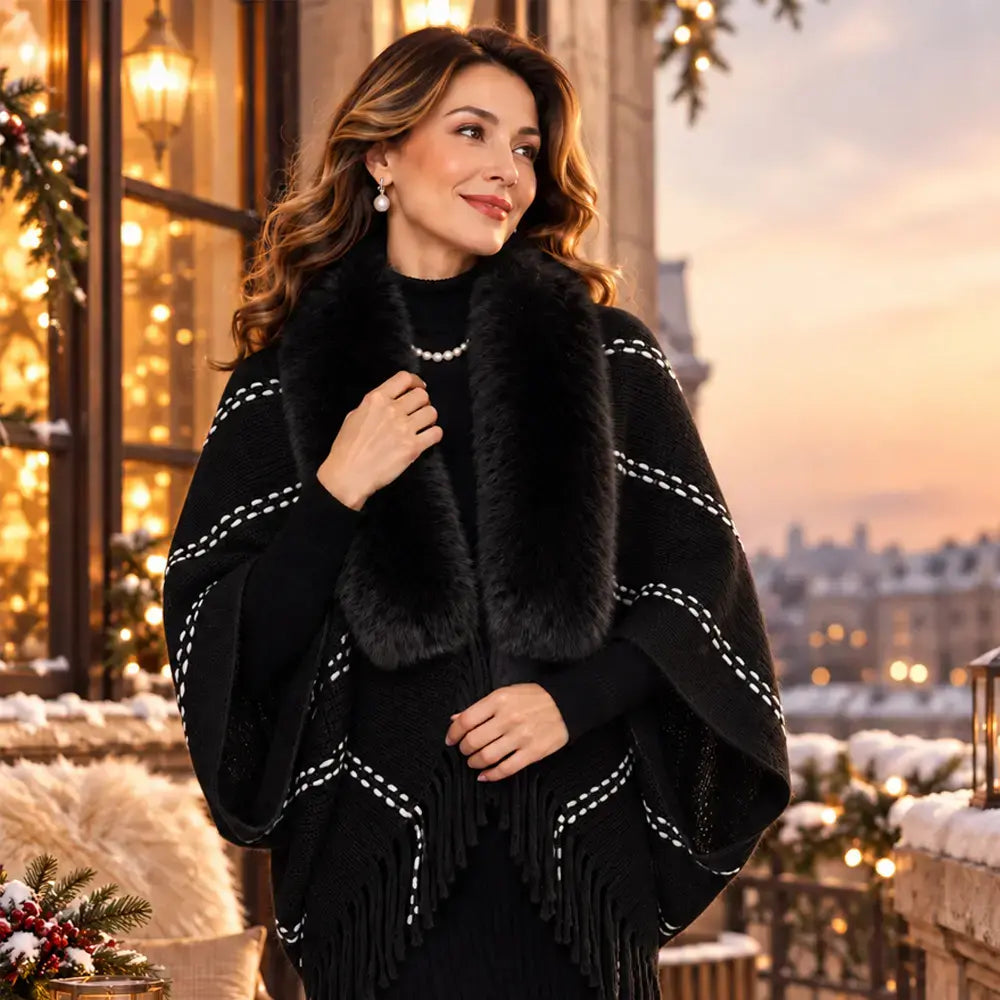 ✨ Șal Tricotat de Iarnă cu Guler Pufos și Franjuri Elegante · Poncho Cardigan Relaxat și Călduros pentru Femei!
