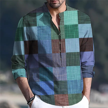 👔 Cămașă bărbătească din bumbac și in cu model geometric