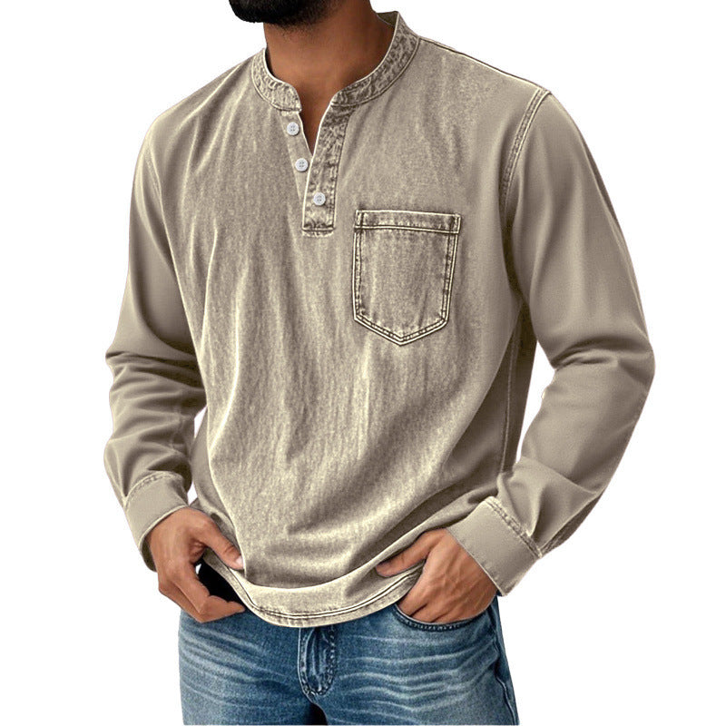 Cămașă din denim pentru bărbați, cu mâneci lungi, decolteu în V și buzunar