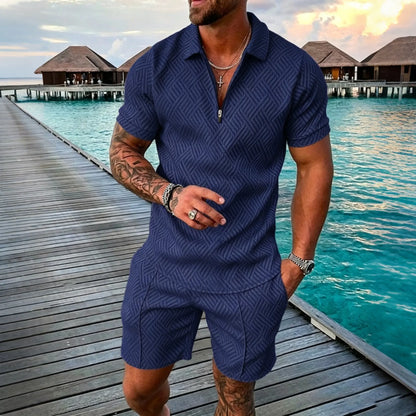😎🔥【Top + Pantaloni】 (40-130 kg) Set de zi cu zi format din tricou polo cu fermoar și imprimeu 3D pentru bărbați