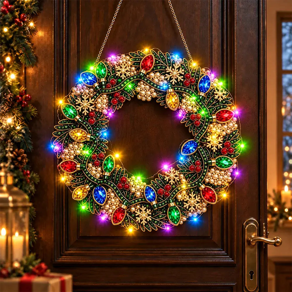 🎄 Coroniță DIY de Crăciun cu Diamante, Perle și Lumini LED! Placă Acrilică Rezistentă · 9 Modele Festive · Decor Perfect pentru Uși, Pereți și Fereastră · Cadou Creat cu Suflet!