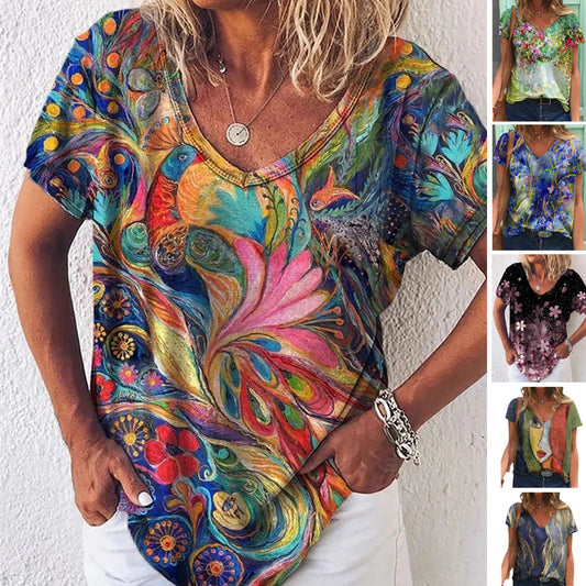 REDUCERE 50% la fiecare produs 🔥 Cămașă vară pentru femei cu decolteu V și design abstract, mărimi S-5XL disponibile