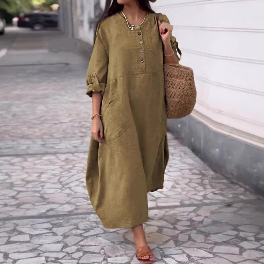 💃【40-120kg】Rochie de damă de vară, casual, de culoare uni, din bumbac și in, cu decolteu rotund