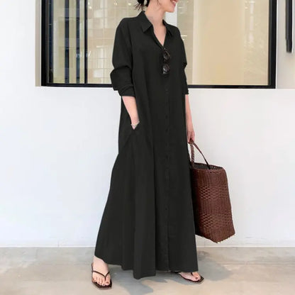 💖 Rochie-cămașă din bumbac și in, cu guler și mâneci lungi cu buzunare, stil simplu, lejer și casual.