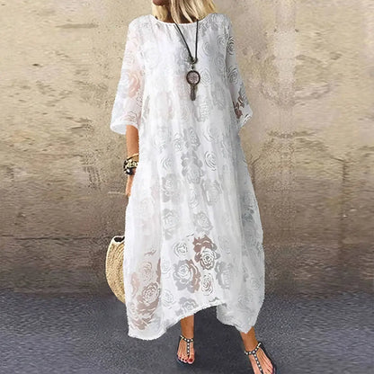 💃50% reducere🔥Rochie lungă din dantelă, cu mâneci scurte și decolteu rotund, de zi cu zi