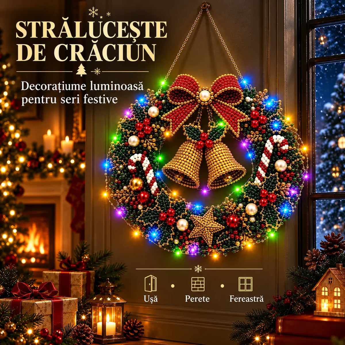 🎄 Coroniță DIY de Crăciun cu Diamante, Perle și Lumini LED! Placă Acrilică Rezistentă · 9 Modele Festive · Decor Perfect pentru Uși, Pereți și Fereastră · Cadou Creat cu Suflet!