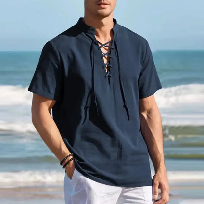 👔🔥Tricou Henley pentru bărbați, talie mare/lungă, din bumbac și in, cu decolteu în V și șireturi