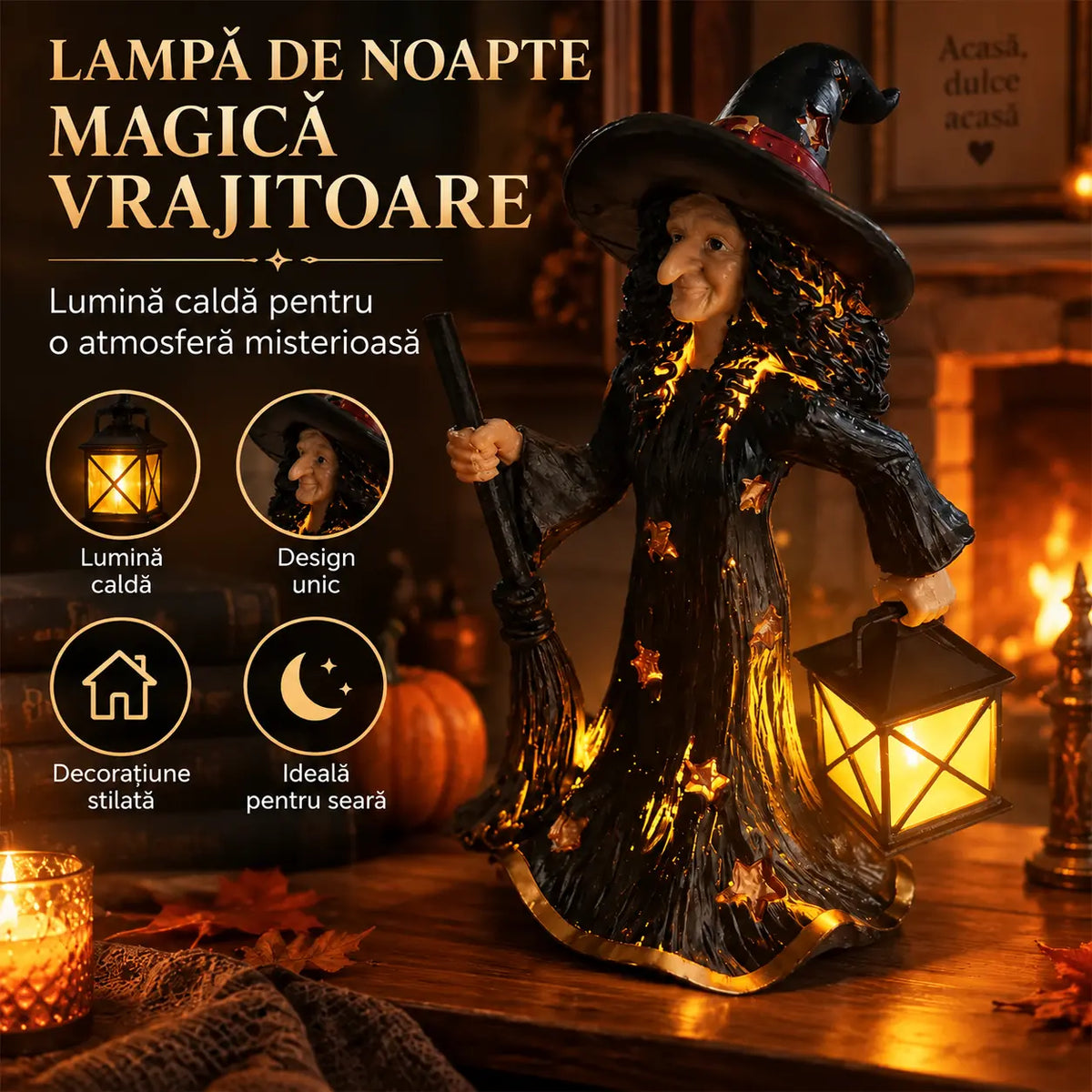 🧙✨ Decorațiune pentru lampă de noapte cu vrăjitoare și stele