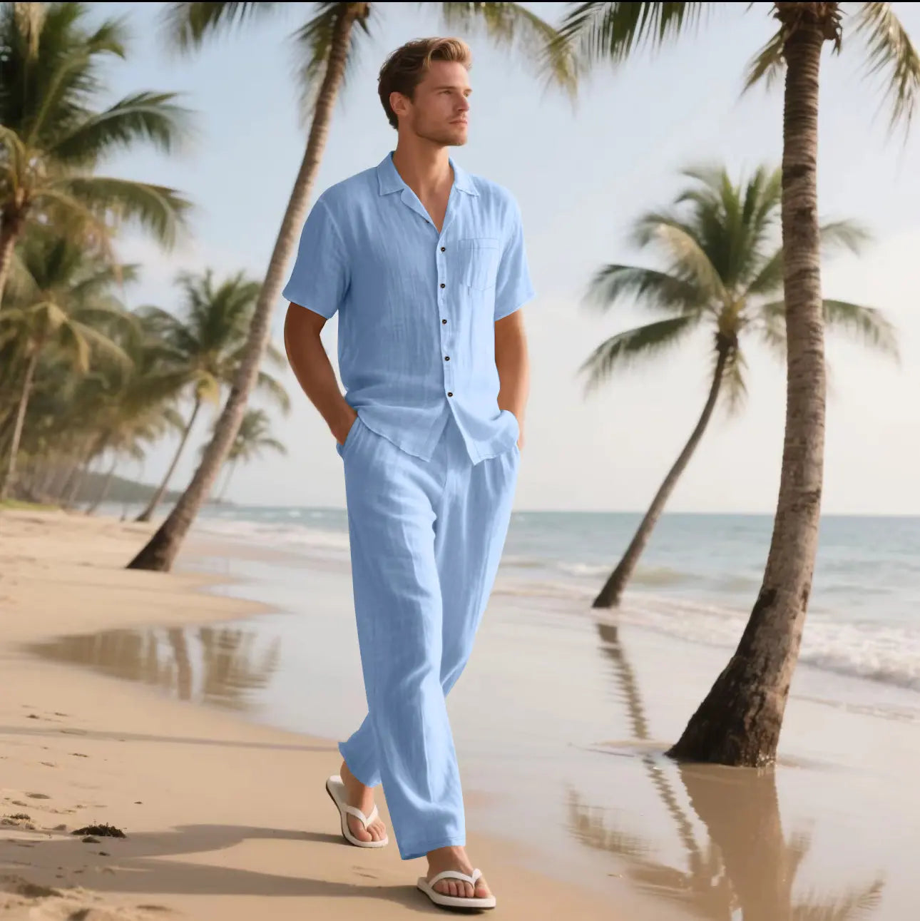 🌴【Bluză + Pantaloni】(40-120 kg) Set bărbătesc din două piese, bumbac și in uni