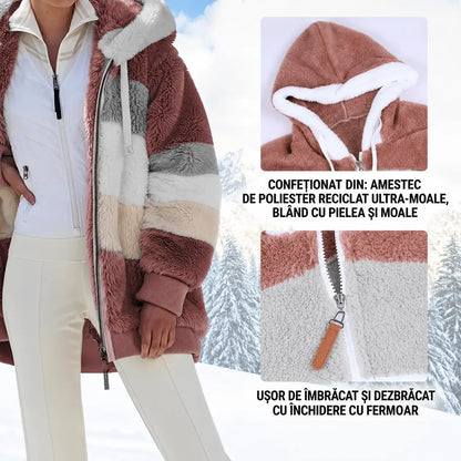 🔥 Ultima zi – REDUCERE 50% ❄️ Palton călduros pentru femei, model nou 2026, cu design plușat și dungi contrastante, glugă, fermoar și buzunare, croială lejeră, mărimi S–5XL ✅ Plată la livrare