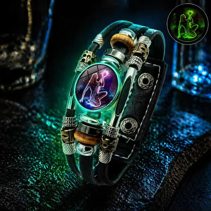 🌙 Brățară din piele luminoasă, cu simbol zodiacal – design împletit în 3 straturi, lungime reglabilă, unisex 💫✨