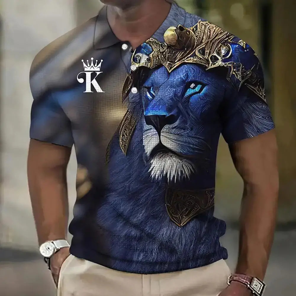 🦁【S-6XL】Tricou polo nou pentru bărbați, cu imprimeu leu 3D, pentru vara anului 2026.