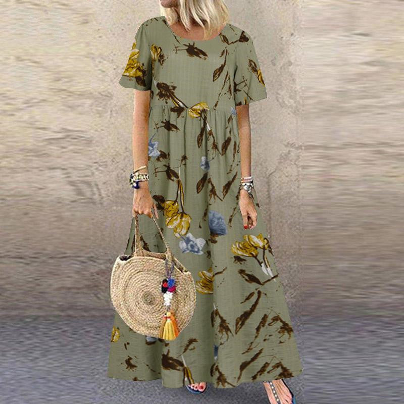 🌼【40-120 kg】Rochie retro pentru femei cu motiv floral, mâneci scurte și decolteu rotund, mărime mare