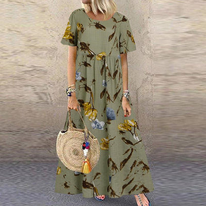🌼【40-120 kg】Rochie retro pentru femei cu motiv floral, mâneci scurte și decolteu rotund, mărime mare