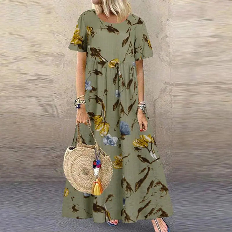 🌼【40-120 kg】Rochie retro pentru femei cu motiv floral, mâneci scurte și decolteu rotund, mărime mare