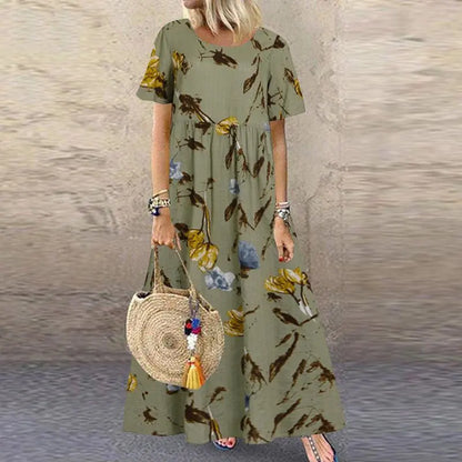 🌼【40-120 kg】Rochie retro pentru femei cu motiv floral, mâneci scurte și decolteu rotund, mărime mare