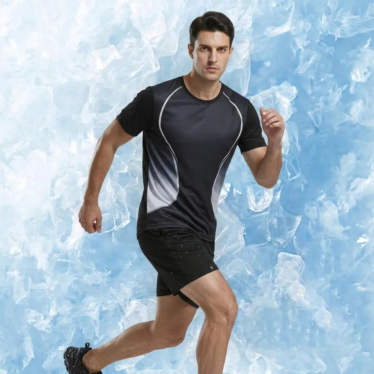 🆒✨ Set sport de vară pentru bărbați, confecționat din țesătură de mătase glacială de înaltă calitate, potrivit pentru alergare, țesătură de plasă cu uscare rapidă.
