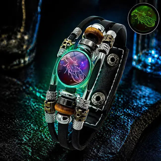 🌙 Brățară din piele luminoasă, cu simbol zodiacal – design împletit în 3 straturi, lungime reglabilă, unisex 💫✨