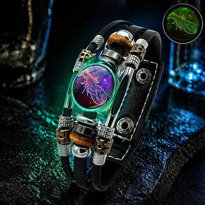 🌙 Brățară din piele luminoasă, cu simbol zodiacal – design împletit în 3 straturi, lungime reglabilă, unisex 💫✨