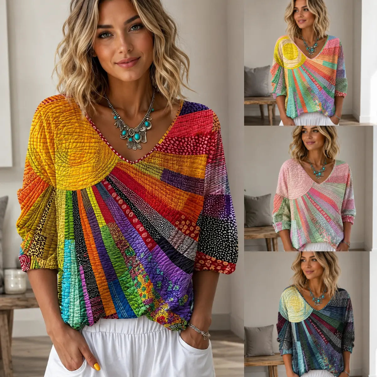 ⏰Tricou cu mânecă trei sferturi, decolteu în V, imprimeu floral retro și imprimeu artistic în gradient.