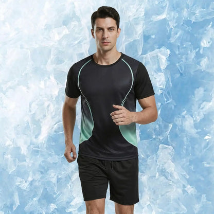 🆒✨ Set sport de vară pentru bărbați, confecționat din țesătură de mătase glacială de înaltă calitate, potrivit pentru alergare, țesătură de plasă cu uscare rapidă.