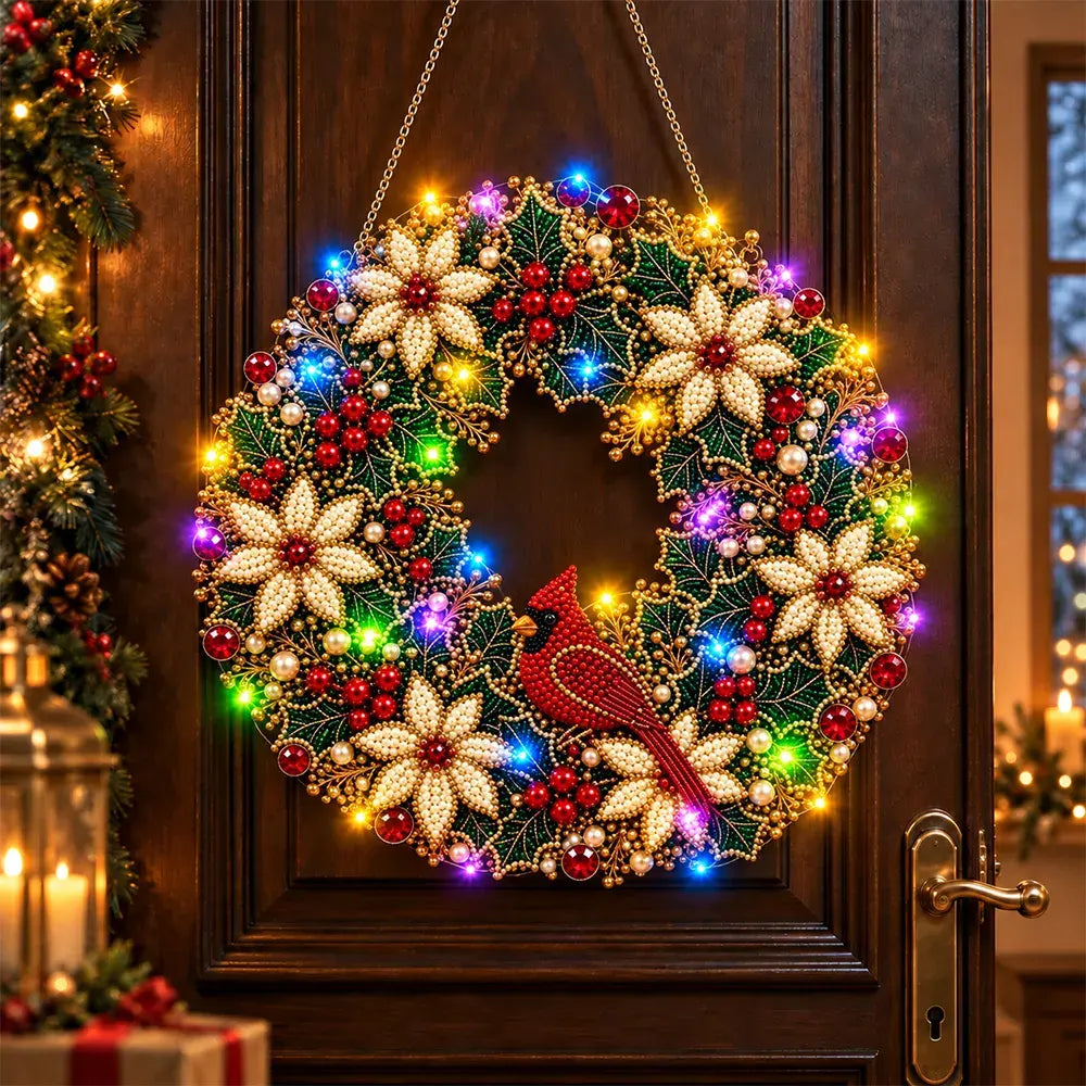 🎄 Coroniță DIY de Crăciun cu Diamante, Perle și Lumini LED! Placă Acrilică Rezistentă · 9 Modele Festive · Decor Perfect pentru Uși, Pereți și Fereastră · Cadou Creat cu Suflet!