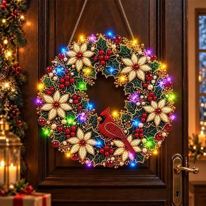 🎄 Coroniță DIY de Crăciun cu Diamante, Perle și Lumini LED! Placă Acrilică Rezistentă · 9 Modele Festive · Decor Perfect pentru Uși, Pereți și Fereastră · Cadou Creat cu Suflet!