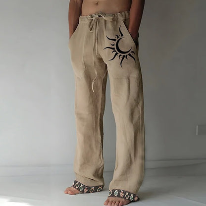 Pantaloni bărbătești mărimi mari din bumbac și in, cu imprimeu cu lună🌙